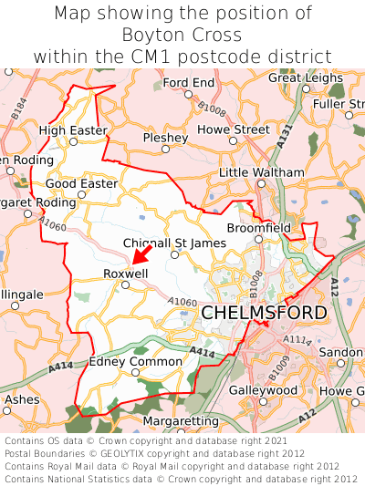 Map showing location of Boyton Cross within CM1