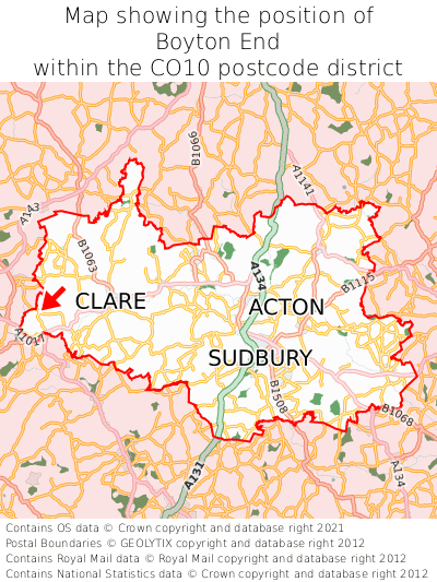 Map showing location of Boyton End within CO10