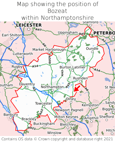 Map showing location of Bozeat within Northamptonshire