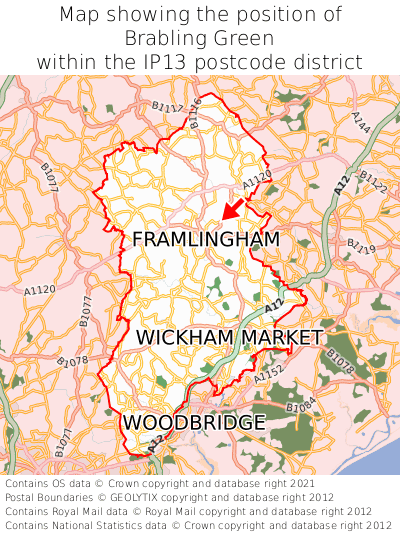 Map showing location of Brabling Green within IP13