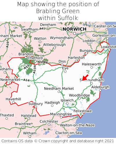 Map showing location of Brabling Green within Suffolk