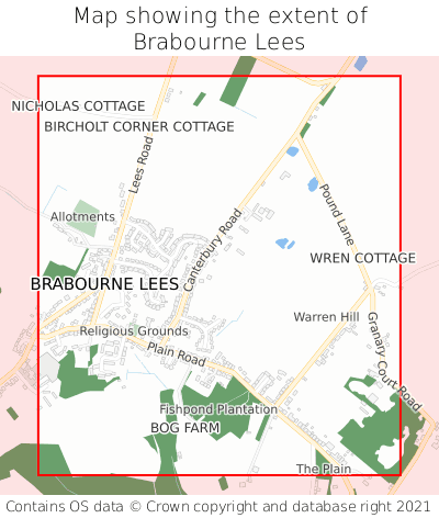 Map showing extent of Brabourne Lees as bounding box