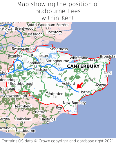 Map showing location of Brabourne Lees within Kent