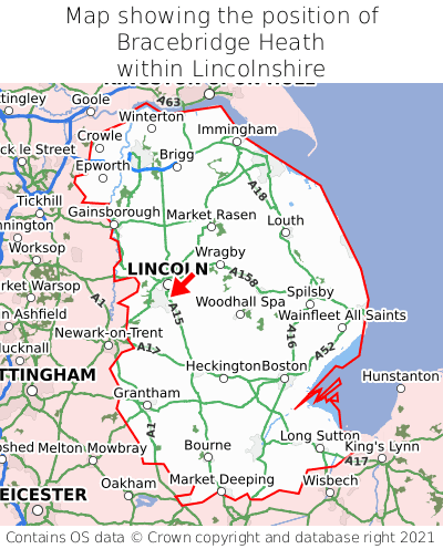 Map showing location of Bracebridge Heath within Lincolnshire