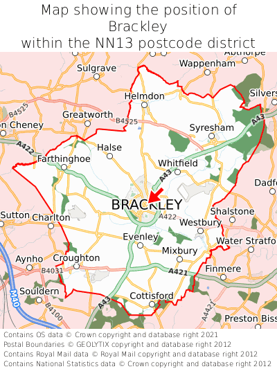 Map showing location of Brackley within NN13