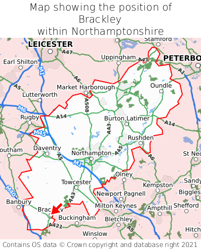 Map showing location of Brackley within Northamptonshire