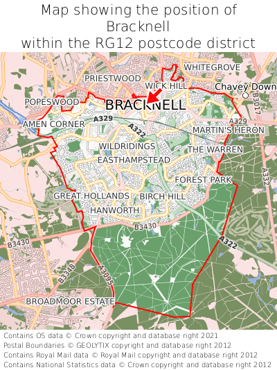 Map showing location of Bracknell within RG12
