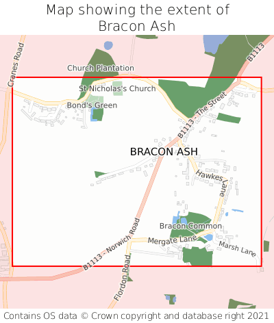 Map showing extent of Bracon Ash as bounding box