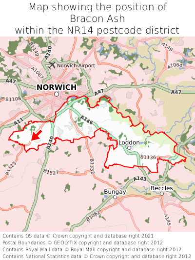 Map showing location of Bracon Ash within NR14