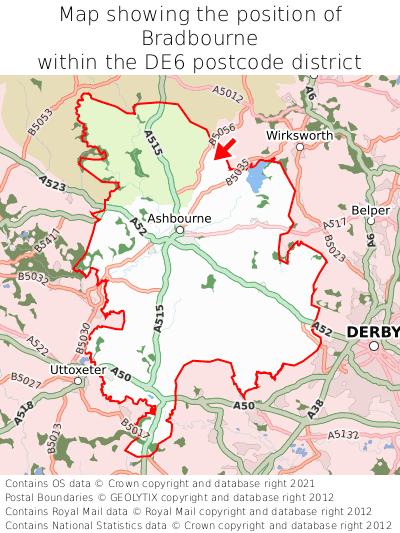Map showing location of Bradbourne within DE6