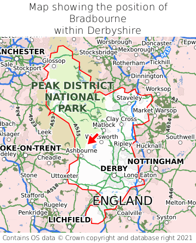 Map showing location of Bradbourne within Derbyshire