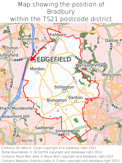 Map showing location of Bradbury within TS21