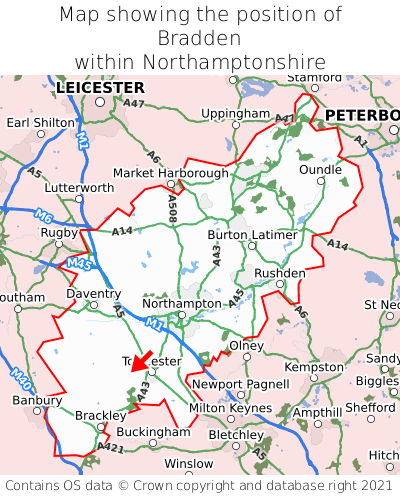 Map showing location of Bradden within Northamptonshire