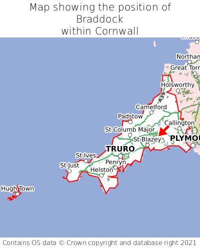 Map showing location of Braddock within Cornwall