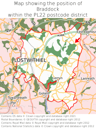 Map showing location of Braddock within PL22