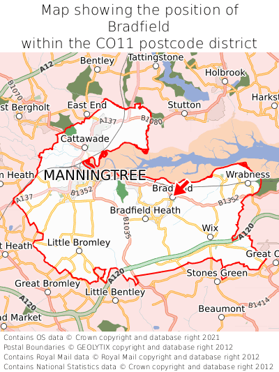 Map showing location of Bradfield within CO11