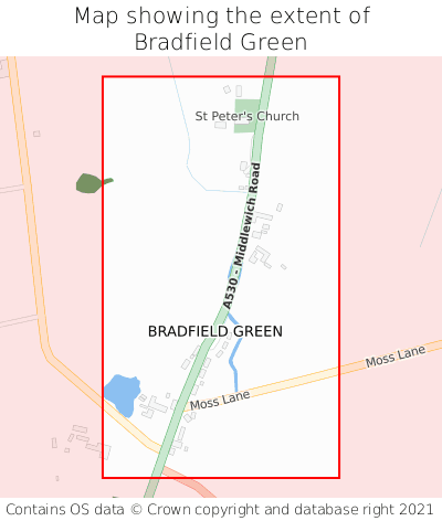 Map showing extent of Bradfield Green as bounding box