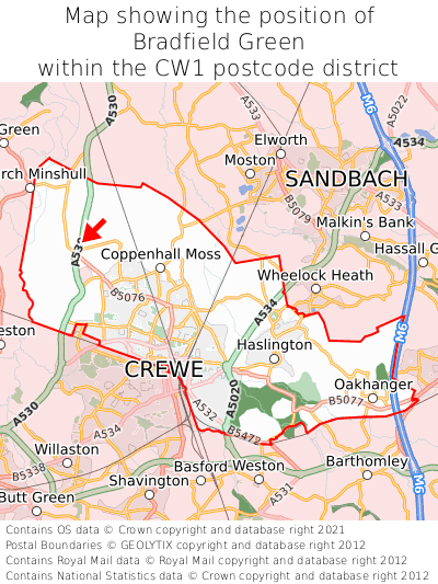 Map showing location of Bradfield Green within CW1