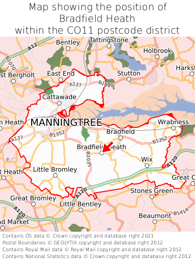 Map showing location of Bradfield Heath within CO11