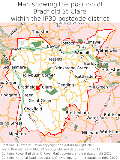 Map showing location of Bradfield St Clare within IP30