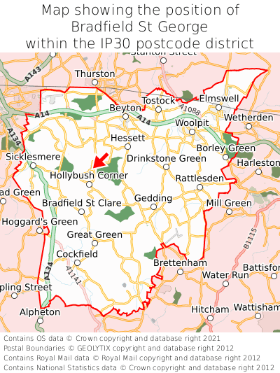 Map showing location of Bradfield St George within IP30
