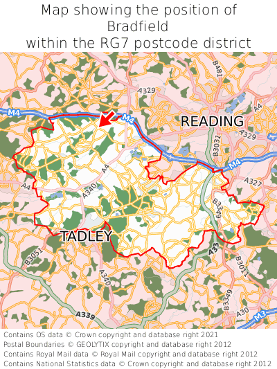 Map showing location of Bradfield within RG7