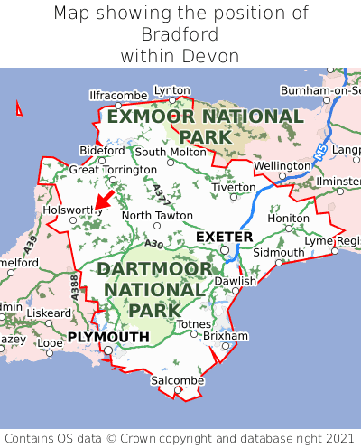 Map showing location of Bradford within Devon