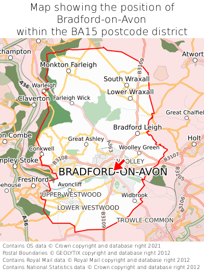 Map showing location of Bradford-on-Avon within BA15