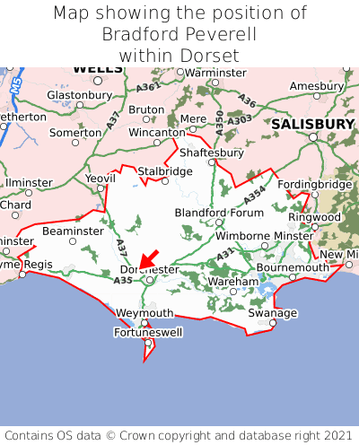 Map showing location of Bradford Peverell within Dorset