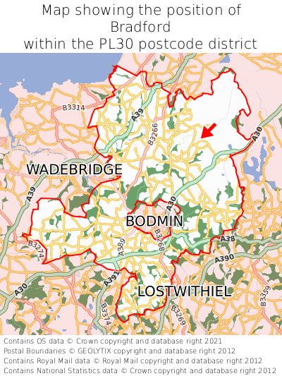 Map showing location of Bradford within PL30