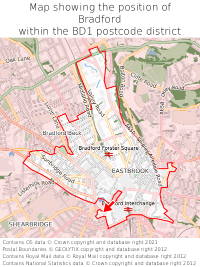 Map showing location of Bradford within BD1