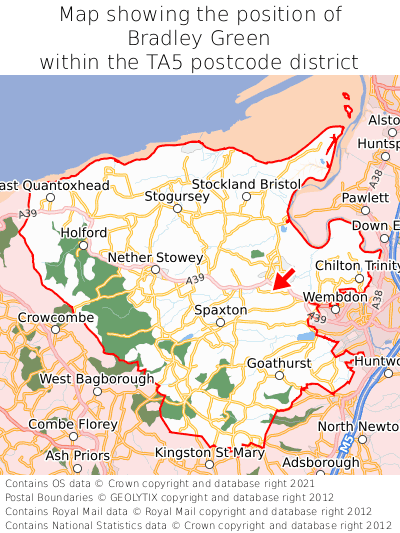 Map showing location of Bradley Green within TA5