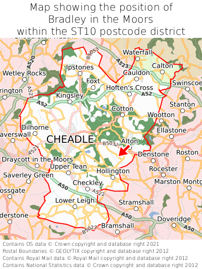 Map showing location of Bradley in the Moors within ST10