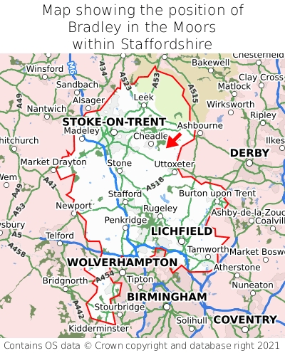 Map showing location of Bradley in the Moors within Staffordshire