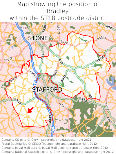 Map showing location of Bradley within ST18