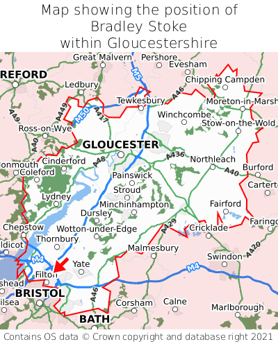 Map showing location of Bradley Stoke within Gloucestershire