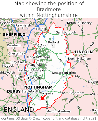 Map showing location of Bradmore within Nottinghamshire