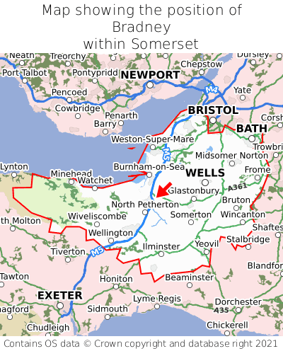 Map showing location of Bradney within Somerset