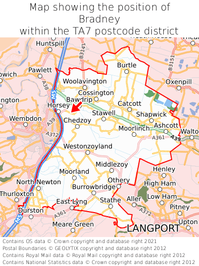 Map showing location of Bradney within TA7