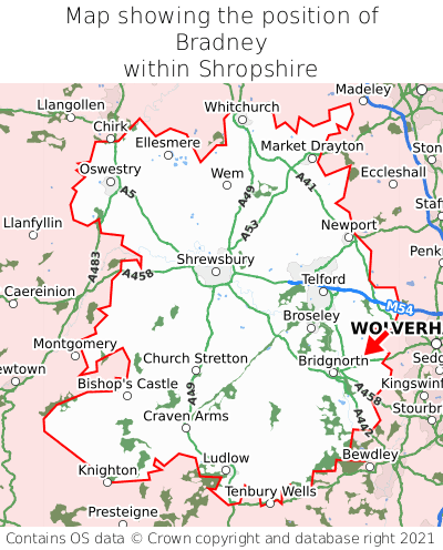 Map showing location of Bradney within Shropshire