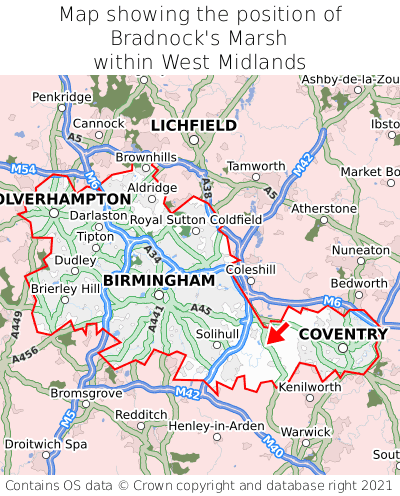 Map showing location of Bradnock's Marsh within West Midlands