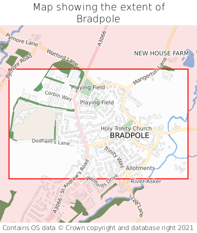 Map showing extent of Bradpole as bounding box