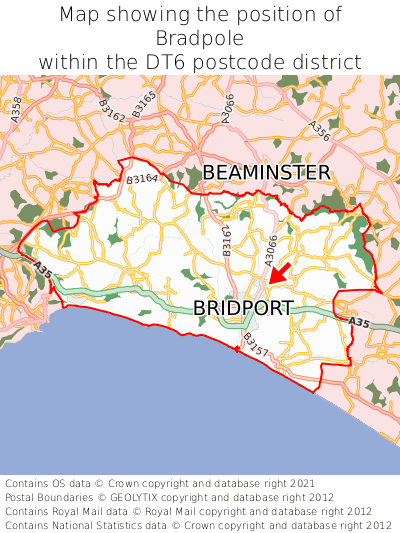 Map showing location of Bradpole within DT6