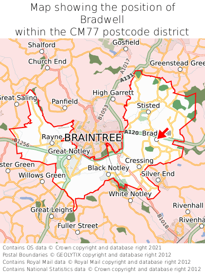 Map showing location of Bradwell within CM77