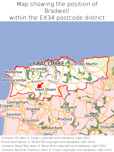 Map showing location of Bradwell within EX34