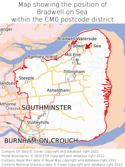 Map showing location of Bradwell on Sea within CM0