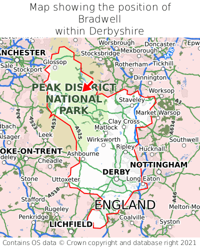 Map showing location of Bradwell within Derbyshire