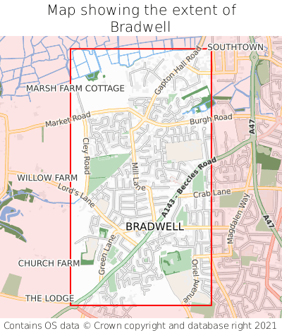 Map showing extent of Bradwell as bounding box