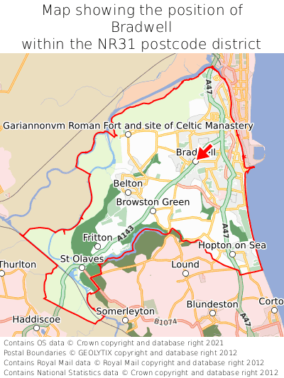 Map showing location of Bradwell within NR31