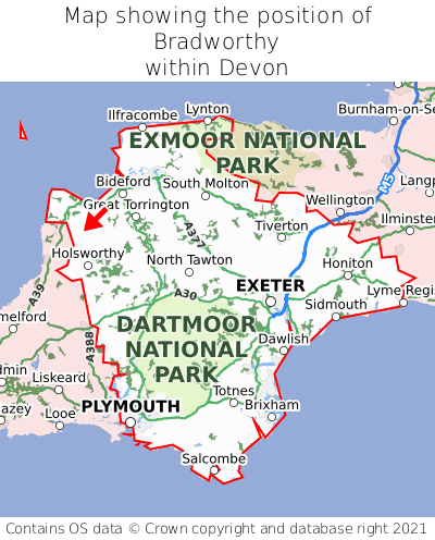 Map showing location of Bradworthy within Devon